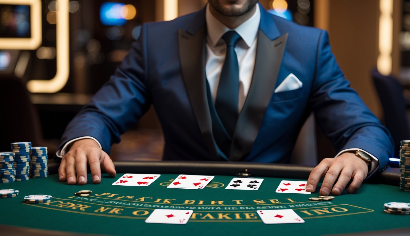 Seorang dealer profesional duduk di belakang meja blackjack dengan kartu dan chip, di lingkungan kasino yang mewah.