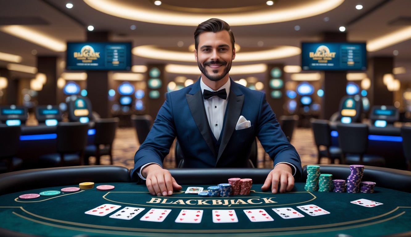 Seorang dealer profesional duduk di meja blackjack dengan kartu dan chip dalam suasana kasino modern.