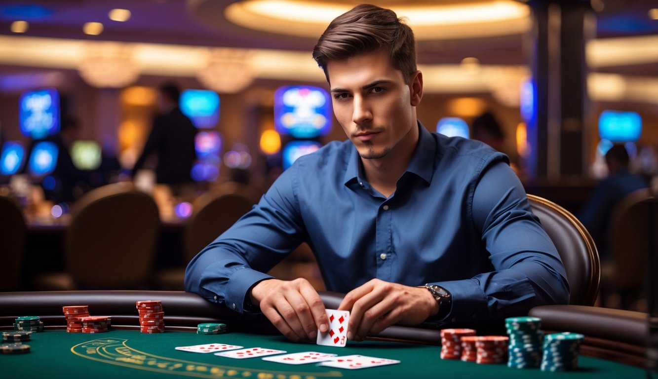 Seorang pria muda duduk di meja blackjack di kasino dengan kartu dan chip, terlihat fokus dan strategis.