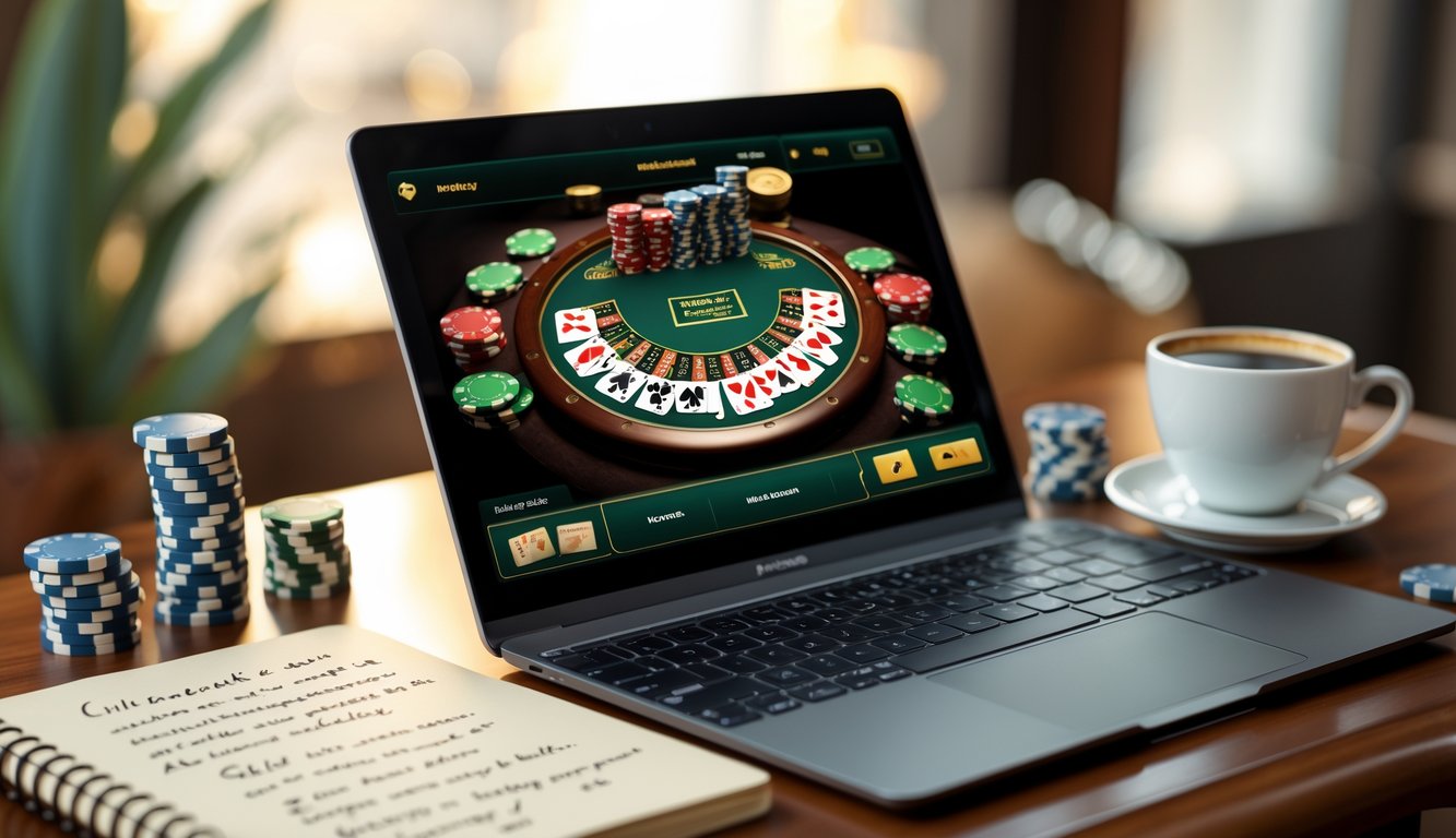 Seorang pemain sedang fokus bermain blackjack online dengan laptop, tumpukan chip kecil, dan catatan strategi di atas meja kayu.