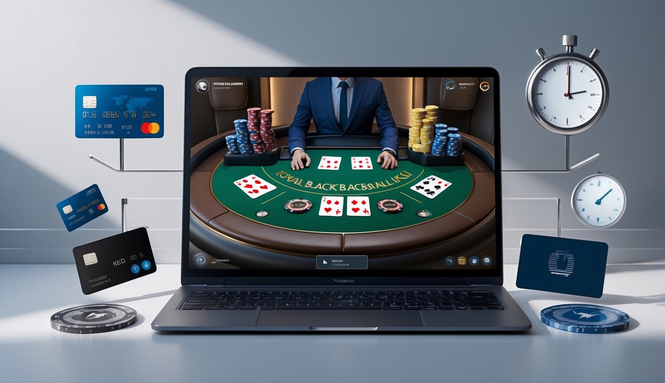 Sebuah meja blackjack digital di layar komputer dengan kartu dan chip, dikelilingi ikon pembayaran cepat dan keamanan.