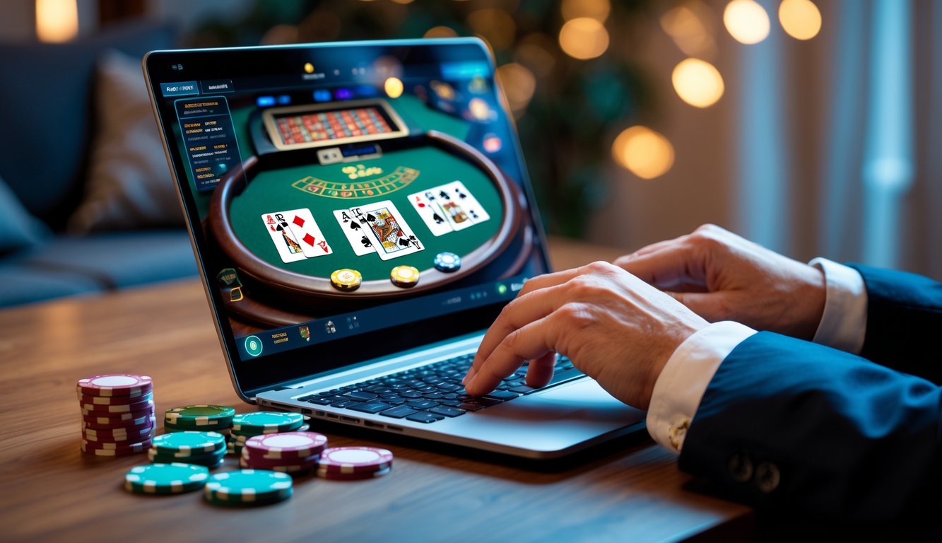 Seseorang sedang bermain blackjack online di laptop dengan tumpukan chip dan kartu di meja.