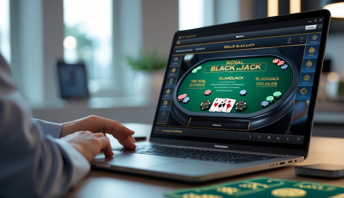 Seorang pemain sedang fokus bermain blackjack online di depan komputer dengan meja blackjack digital dan chip terlihat jelas.