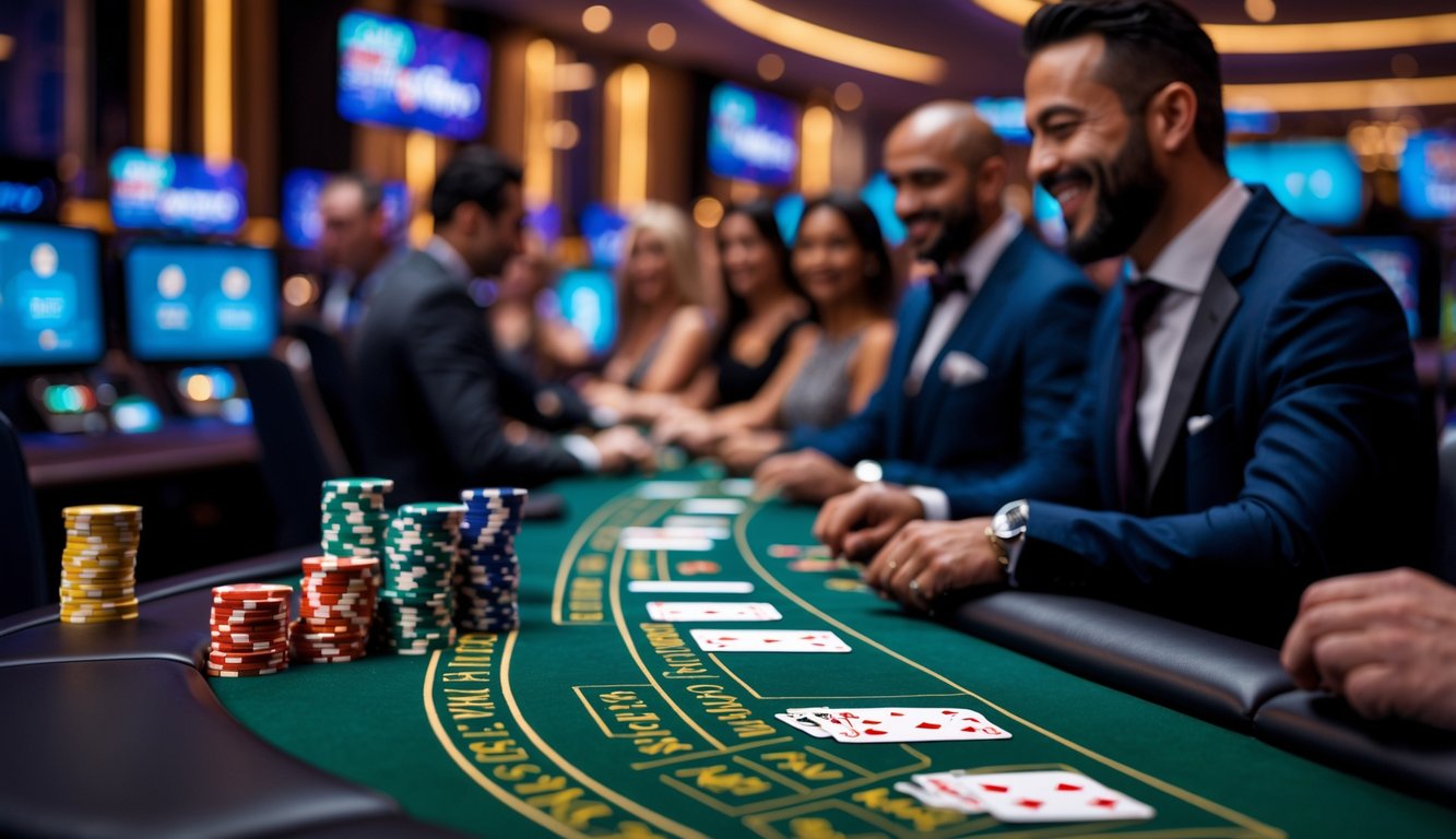 Meja blackjack dengan kartu dan chip di kasino langsung online, dengan dealer dan pemain yang sedang bermain.