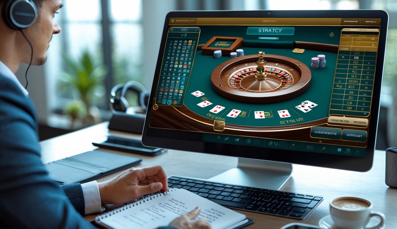 Seseorang sedang fokus bermain blackjack online di depan komputer dengan kartu dan chip terlihat jelas, di meja terdapat catatan strategi.