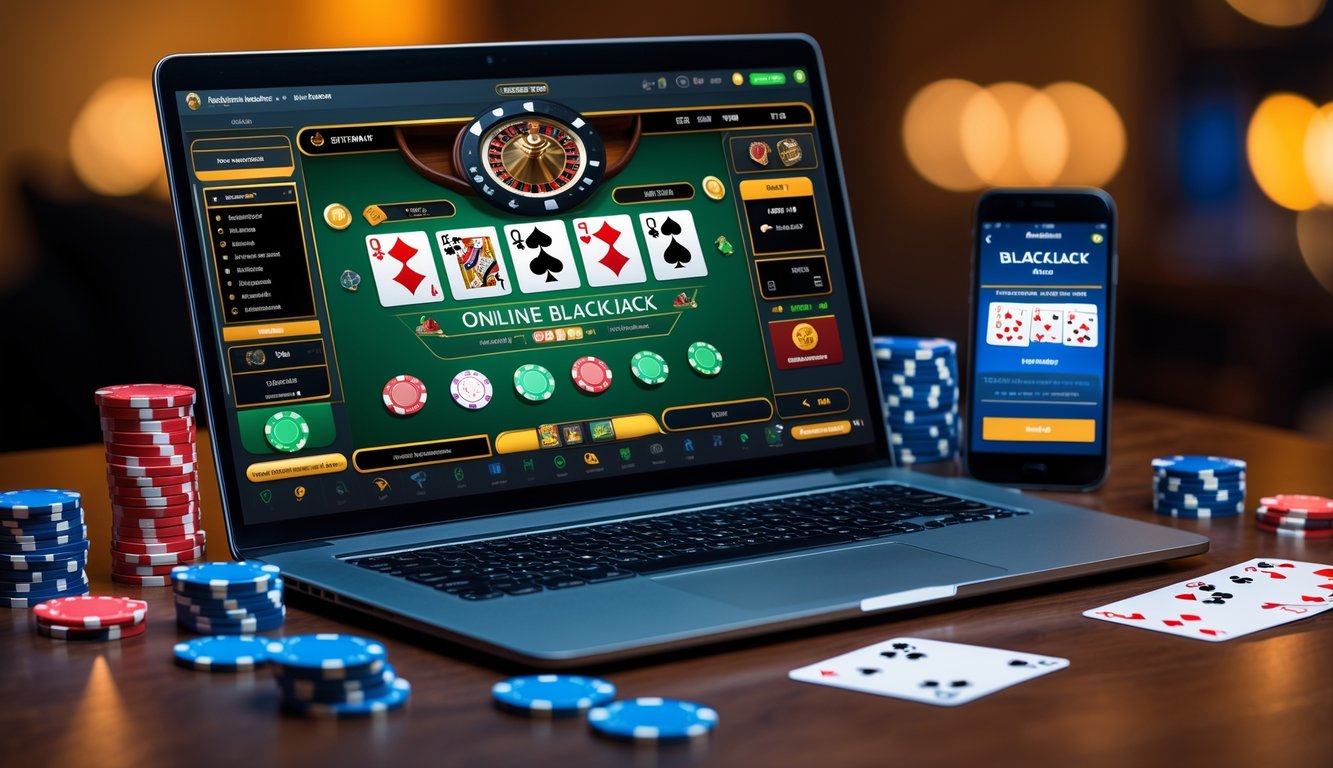 Seseorang bermain blackjack online di depan laptop dengan kartu dan chip poker di meja.