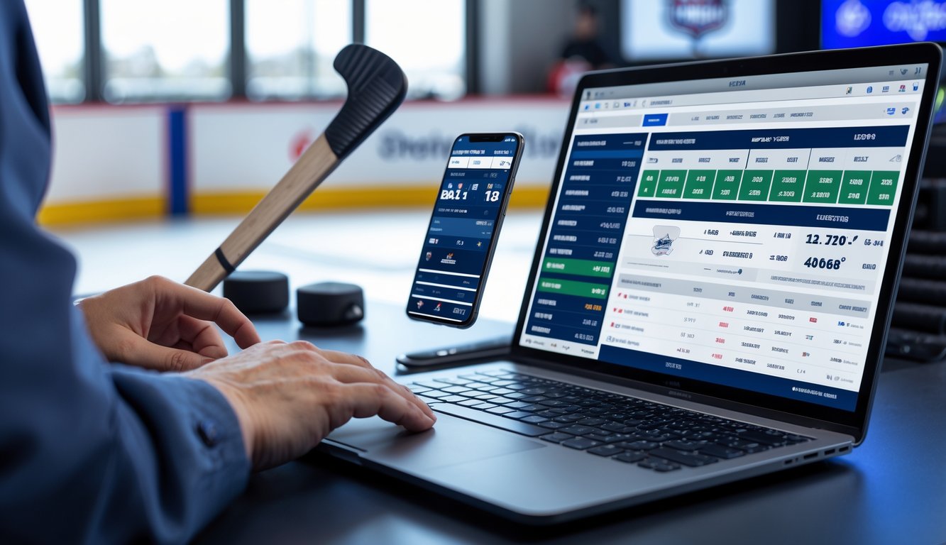 Meja kerja modern dengan laptop dan ponsel yang menampilkan statistik dan pembaruan pertandingan hoki es NHL.