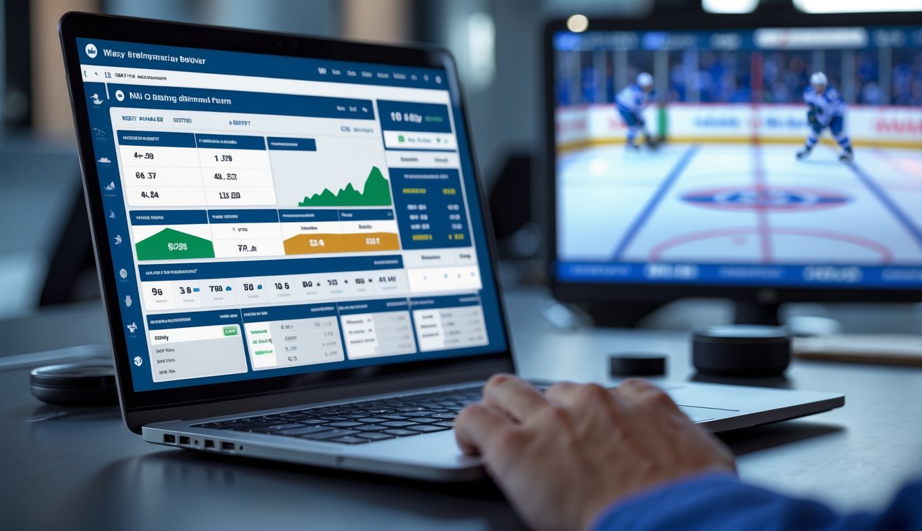 Seorang pria menggunakan laptop di meja kerja dengan tampilan antarmuka taruhan NHL dan ikon pembayaran cepat, di latar belakang terdapat alat hoki dan gambar arena es.