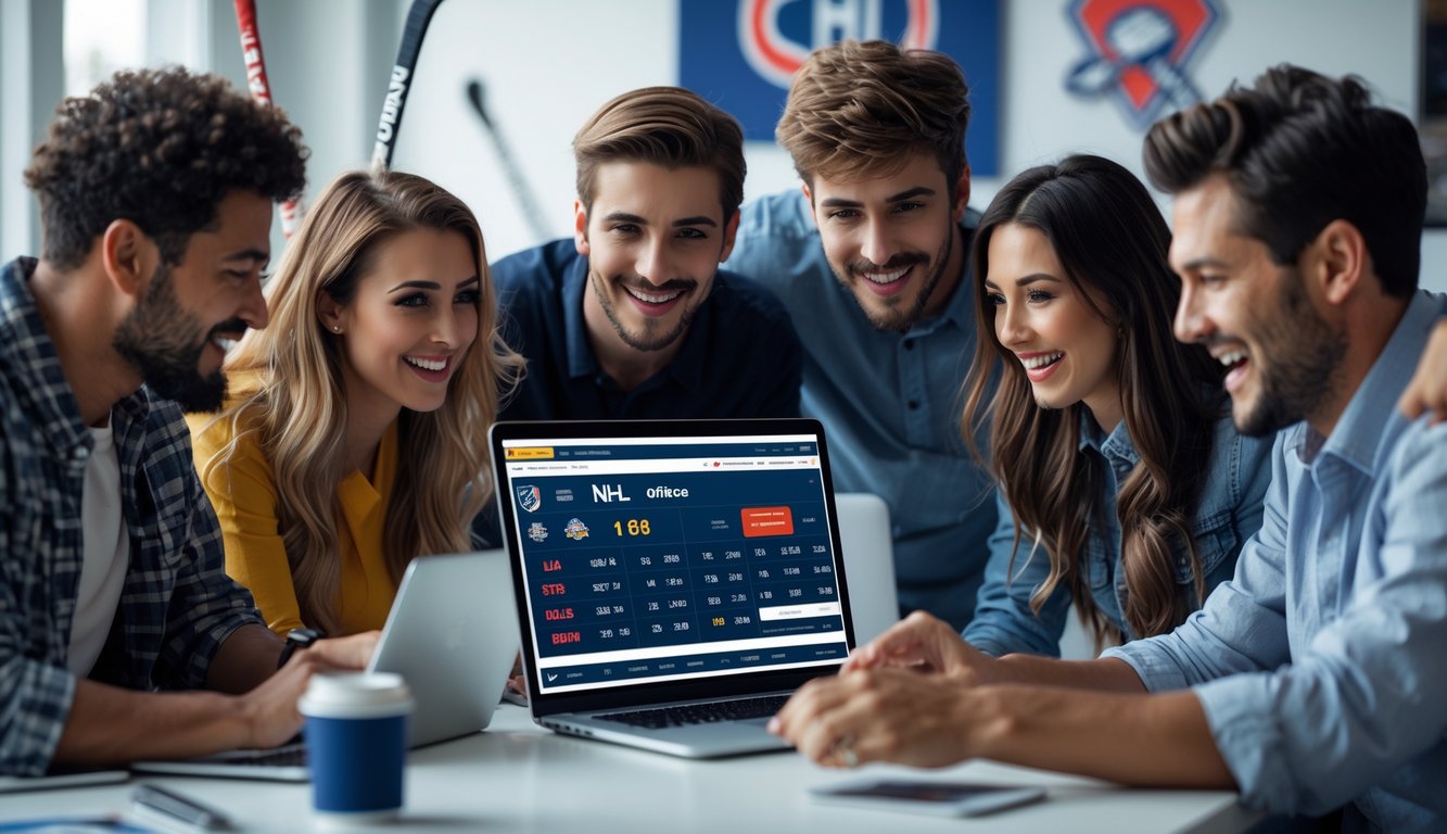 Sekelompok orang menggunakan perangkat digital untuk taruhan NHL online dengan suasana cepat dan profesional.
