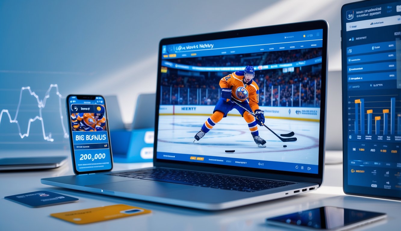 Seorang pria menggunakan laptop dengan pertandingan hoki NHL di layar, dikelilingi oleh elemen yang menunjukkan taruhan online.
