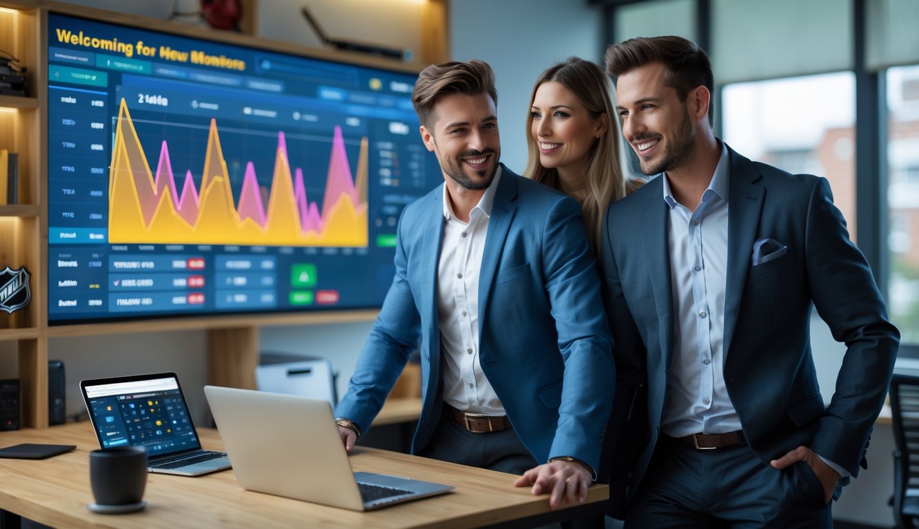 Dua orang muda berdiri di kantor modern melihat layar digital dengan statistik hoki dan peluang taruhan, termasuk perangkat teknologi dan perlengkapan hoki.