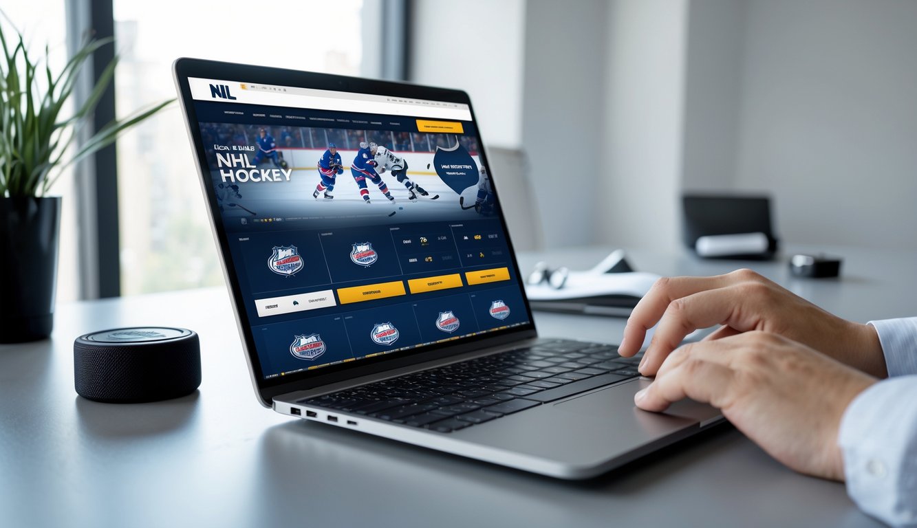 Seseorang menggunakan laptop di meja kerja dengan tampilan situs taruhan NHL online, di sekitar meja terdapat pernak-pernik hoki kecil.