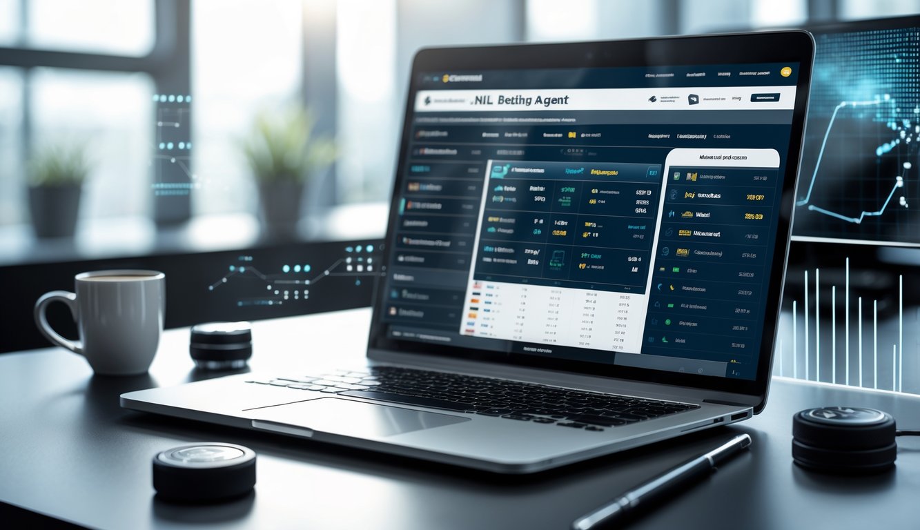 Seorang agen taruhan NHL online bekerja di depan laptop dengan layar menampilkan berbagai pilihan taruhan hoki es, dipadu dengan perlengkapan hoki dan suasana kantor modern.