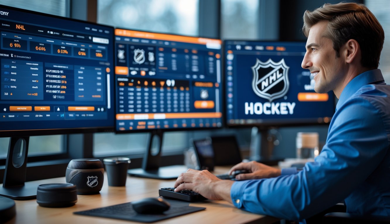 Seseorang sedang menggunakan komputer dengan layar yang menampilkan data taruhan NHL di lingkungan kerja modern.