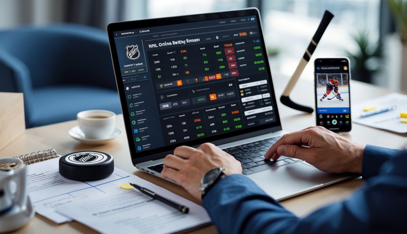 Meja kerja dengan laptop menampilkan statistik NHL, ponsel dengan pertandingan hoki langsung, catatan, dan alat tulis.
