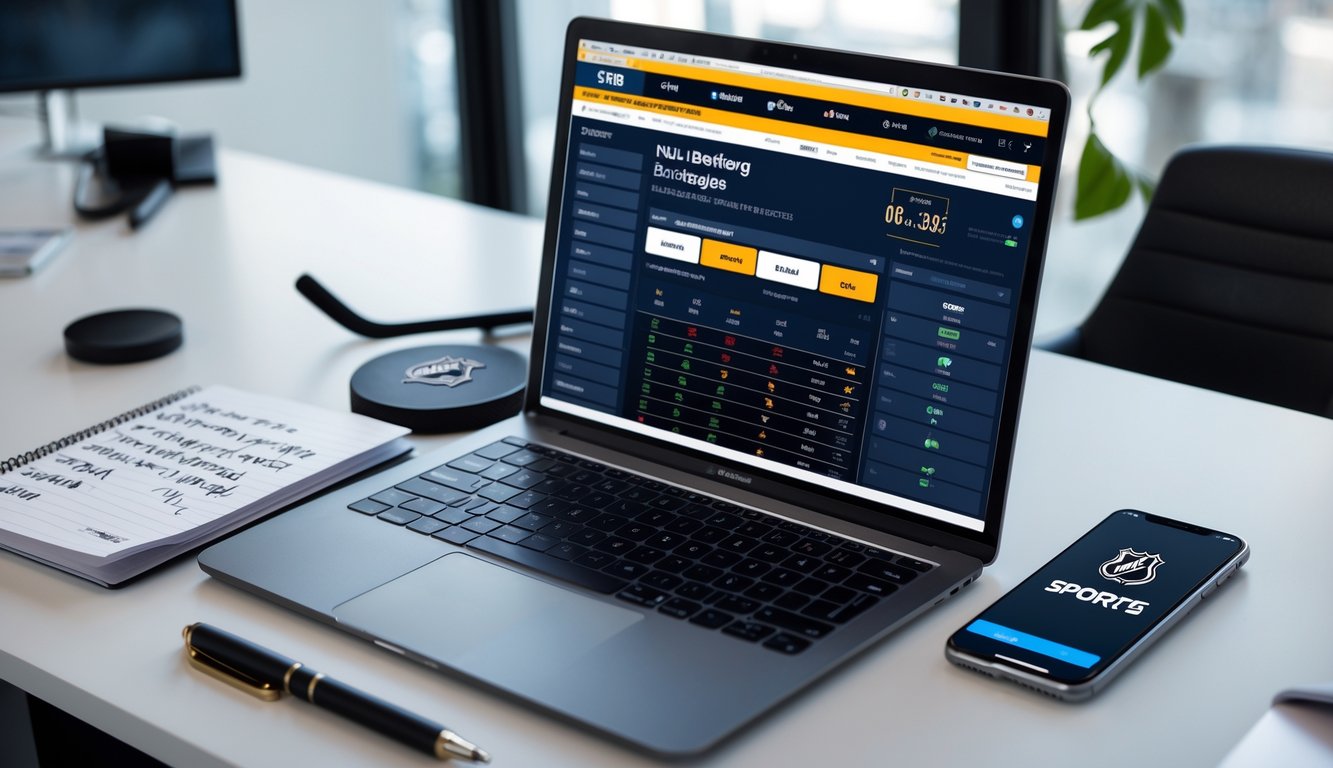 Sebuah ruang kerja modern dengan laptop yang menampilkan situs taruhan NHL online, buku catatan dengan tulisan tangan, dan ponsel yang menunjukkan aplikasi taruhan olahraga.