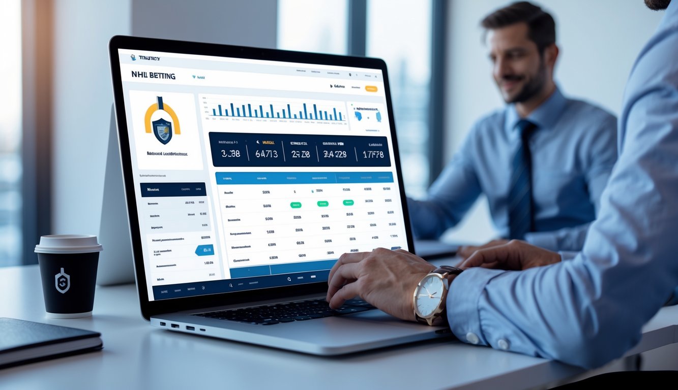 Seorang profesional menggunakan laptop dengan tampilan platform taruhan NHL online yang aman di meja kerja yang rapi.