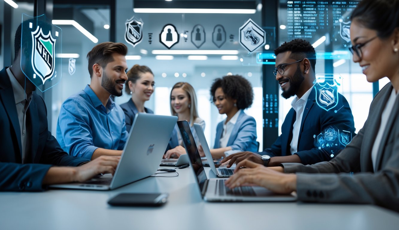 Sekelompok orang menggunakan laptop dan ponsel di ruang modern dengan simbol keamanan digital dan elemen hoki di latar belakang.