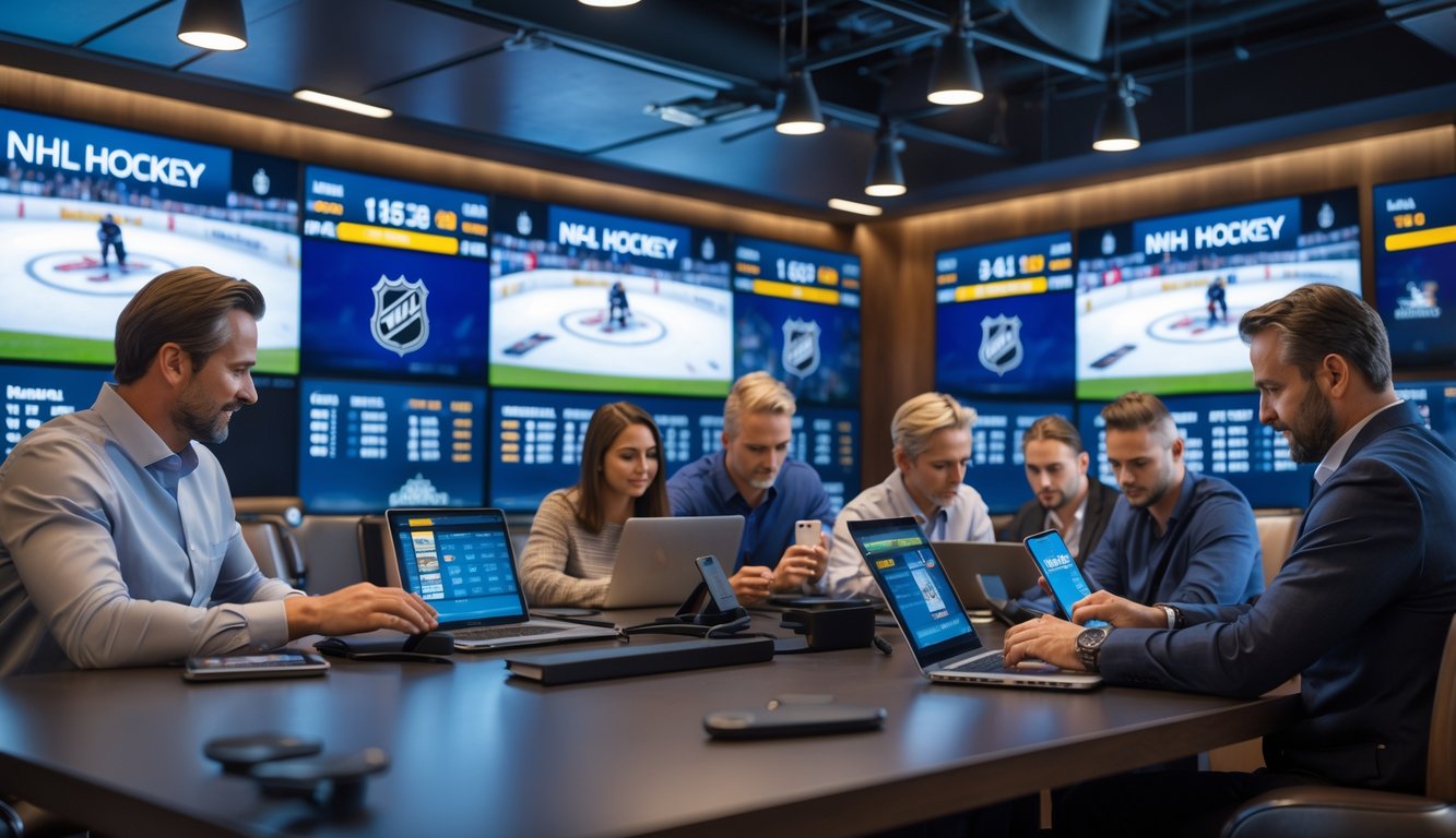 Orang-orang menggunakan perangkat digital untuk bertaruh pada pertandingan hoki es NHL di ruangan modern dengan layar besar yang menampilkan permainan dan peluang taruhan.