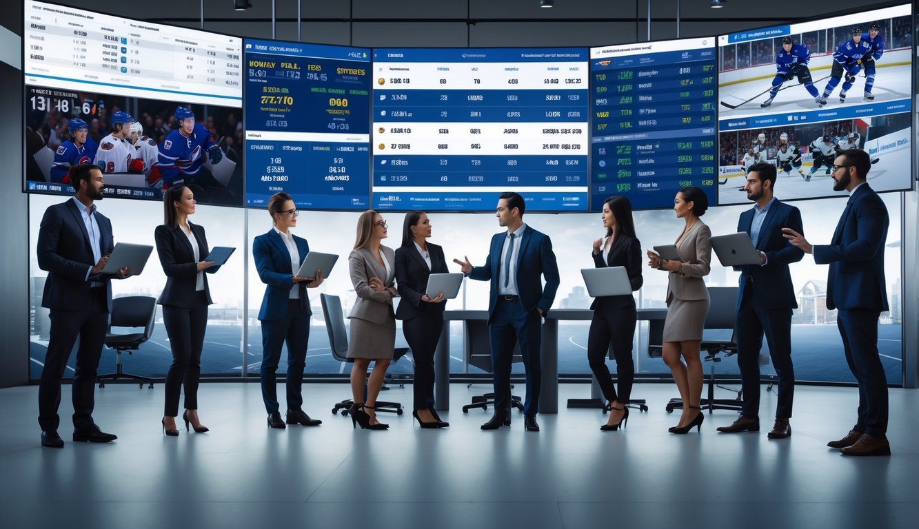 Sekelompok orang sedang berdiskusi di depan layar besar yang menampilkan statistik dan peluang taruhan NHL dalam sebuah kantor modern.