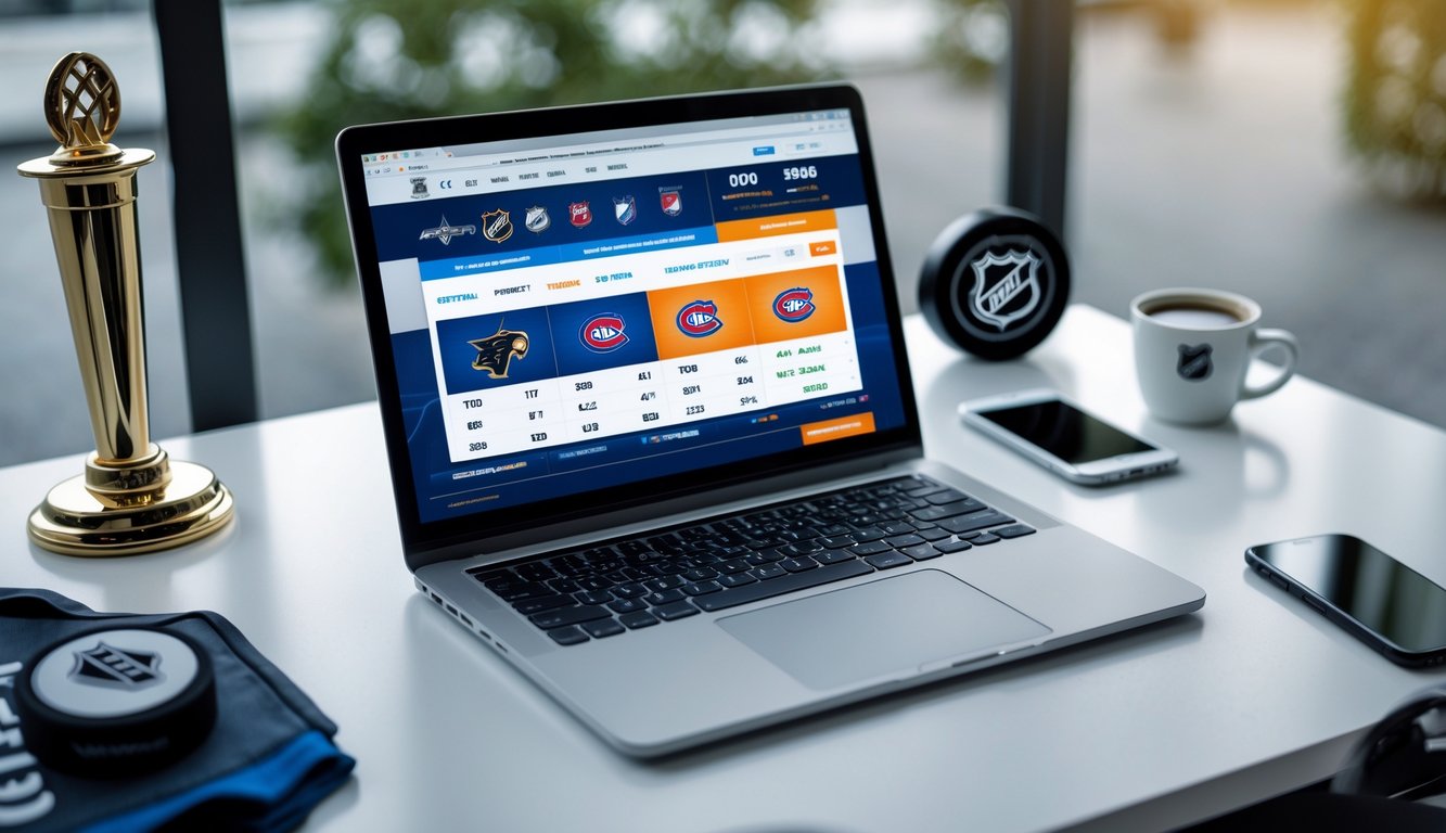 Seseorang menggunakan komputer dengan tampilan situs taruhan NHL yang aman dan resmi, dengan peralatan hoki di latar belakang.