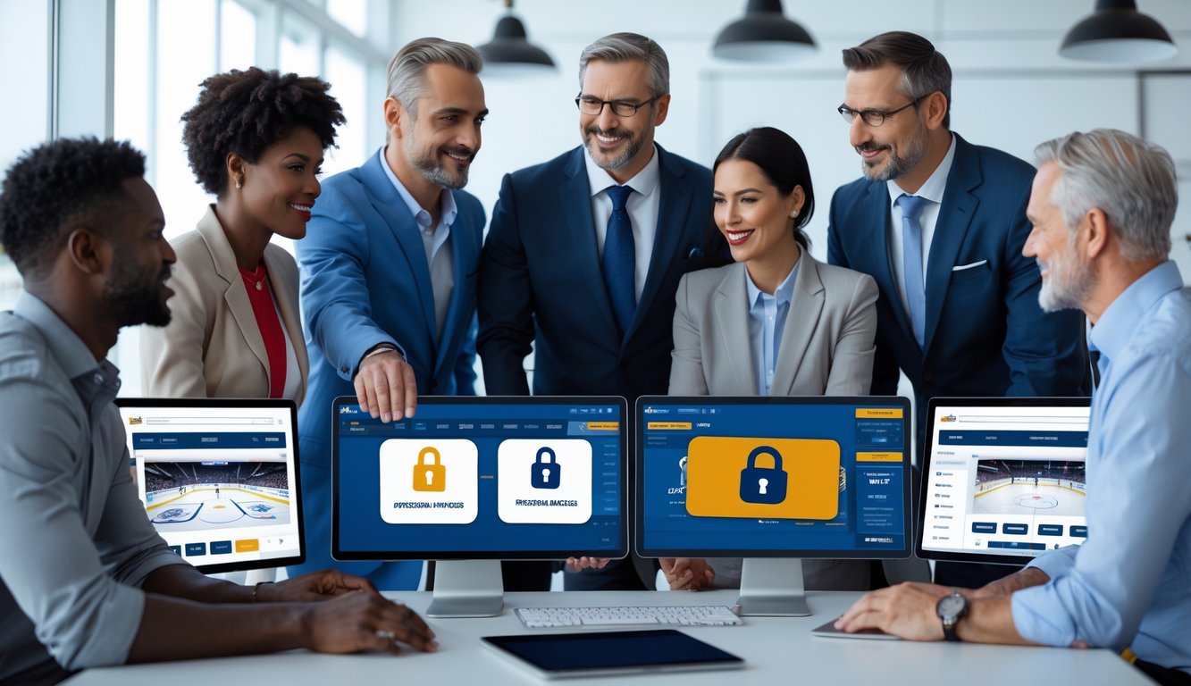 Sekelompok orang dewasa yang percaya diri sedang menggunakan perangkat digital untuk melihat pertandingan hoki NHL dan situs taruhan online di ruang kerja modern.