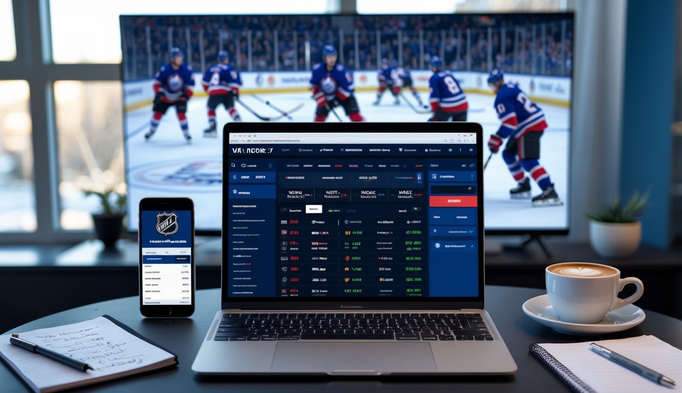Seorang pria duduk di depan laptop dengan tampilan situs taruhan olahraga NHL, di belakangnya layar besar menampilkan pertandingan hoki es yang sedang berlangsung.