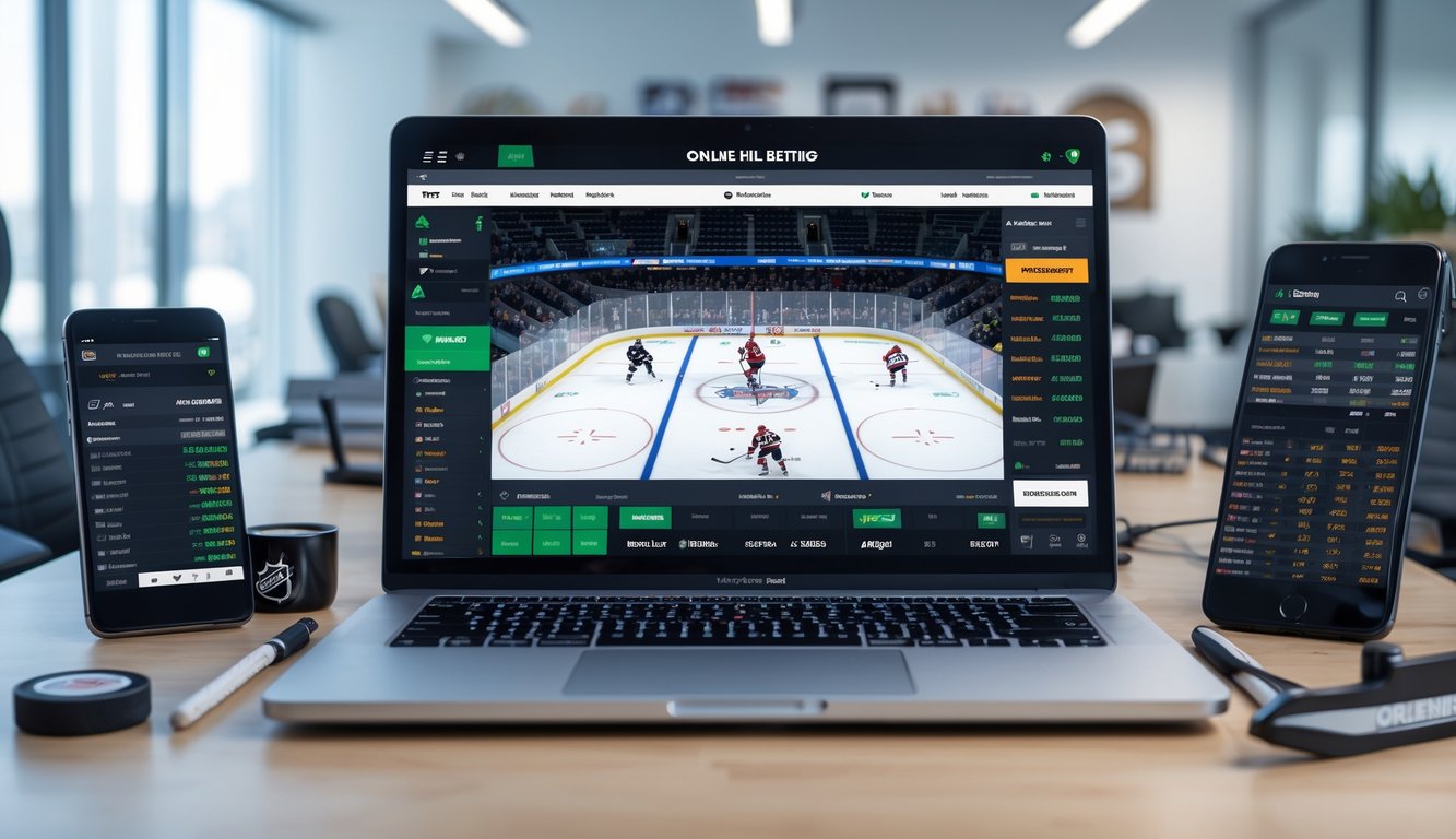 Seorang profesional bekerja dengan laptop dan perangkat digital lain yang menampilkan pertandingan hoki es NHL dan data taruhan di ruang kantor yang rapi.