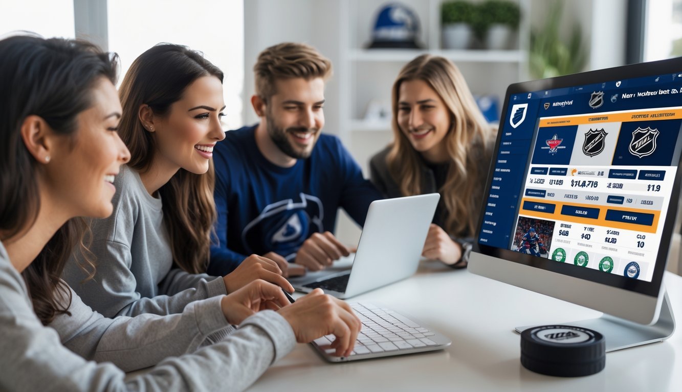 Sejumlah orang muda menggunakan komputer dan perangkat digital di ruangan modern dengan suasana ceria, menampilkan aktivitas taruhan online hoki NHL.