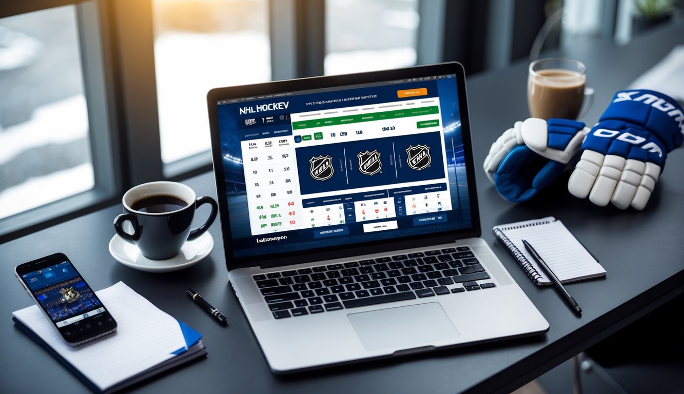 Meja kerja modern dengan laptop dan ponsel yang menampilkan antarmuka taruhan NHL online, dilengkapi dengan perlengkapan hoki di sekitar meja.