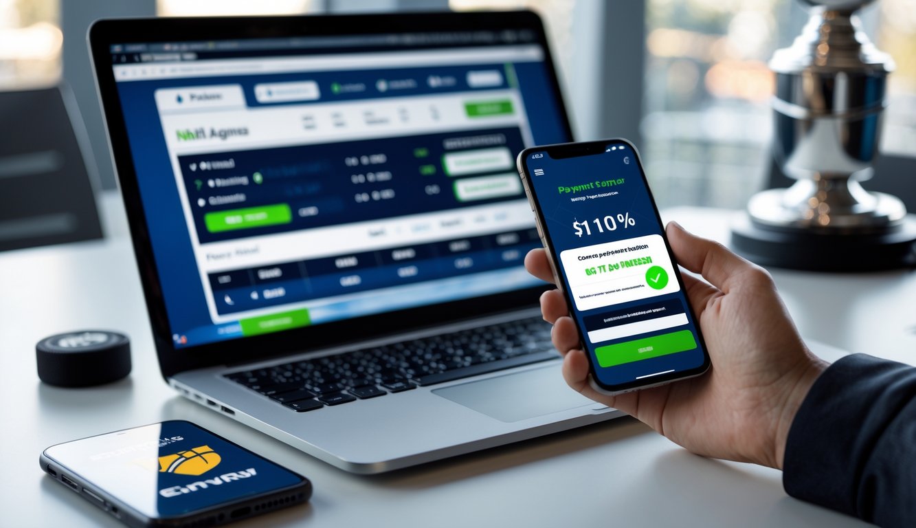 Seseorang menggunakan laptop dan ponsel di meja dengan tema hoki es dan konfirmasi pembayaran berhasil.