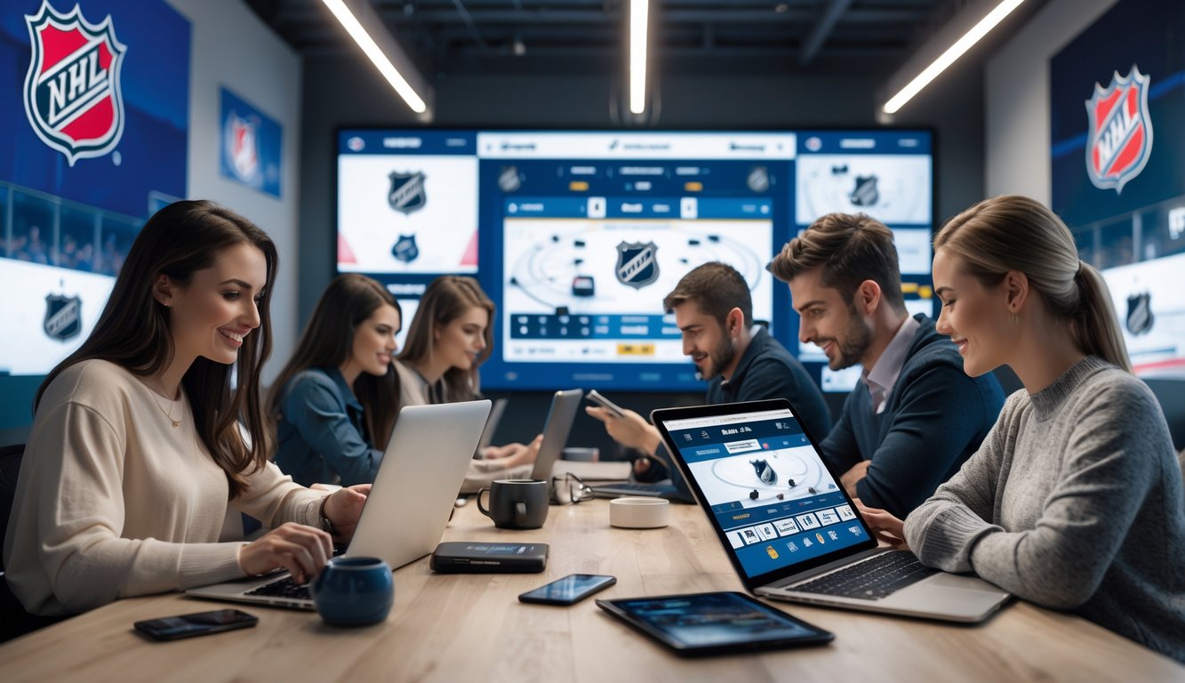 Sekelompok orang muda menggunakan perangkat digital untuk memasang taruhan pada pertandingan hoki NHL di ruang kerja modern.