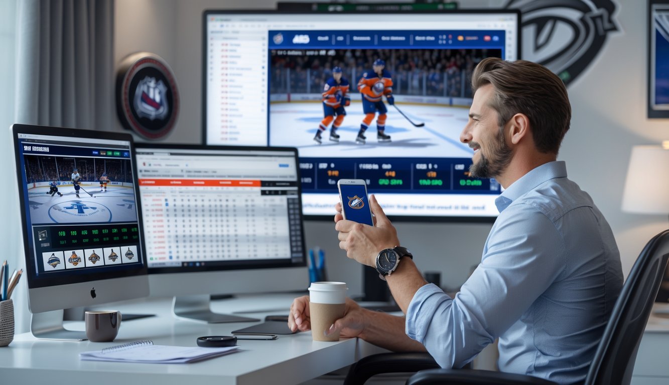Seorang pria duduk di meja kerja dengan beberapa perangkat digital yang menampilkan pertandingan hoki NHL dan peluang taruhan.