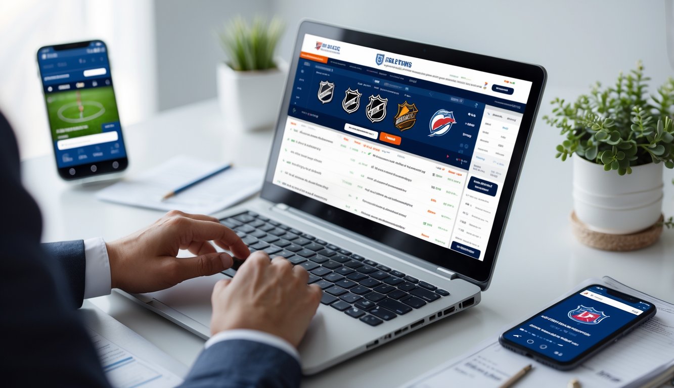 Seseorang menggunakan laptop di meja kerja dengan tampilan situs taruhan NHL online yang menunjukkan skor dan peluang pertandingan.