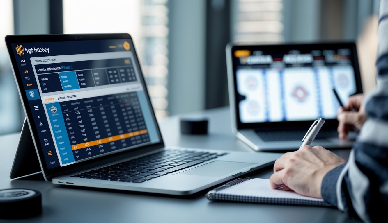 Seseorang menggunakan laptop di meja kerja dengan tampilan data taruhan NHL online dan alat tulis di sampingnya.