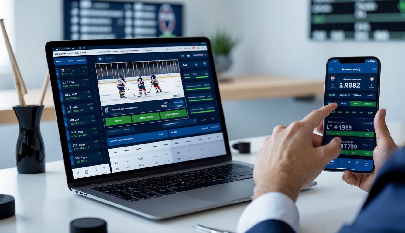 Seorang profesional sedang menggunakan laptop dan ponsel untuk menganalisis data taruhan NHL secara online di meja kerja yang rapi dengan perlengkapan hoki es di latar belakang.