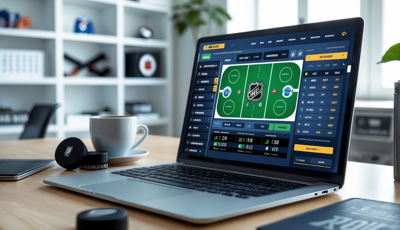 Seorang pria menggunakan laptop di meja kerja dengan tampilan taruhan pertandingan hoki es NHL di layar.
