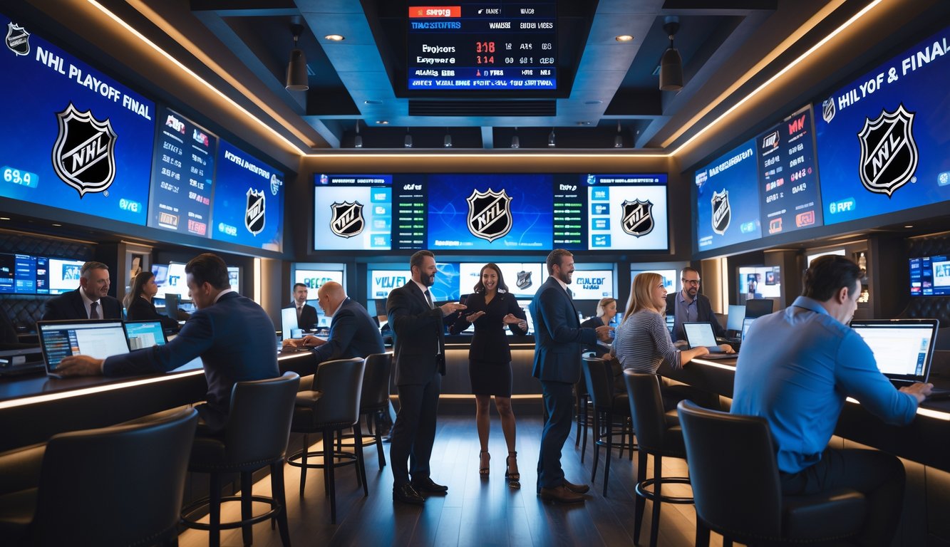 Orang-orang sedang memasang taruhan pada pertandingan NHL playoff dan final di lingkungan taruhan olahraga modern dengan layar digital besar yang menampilkan skor dan statistik pertandingan hoki.