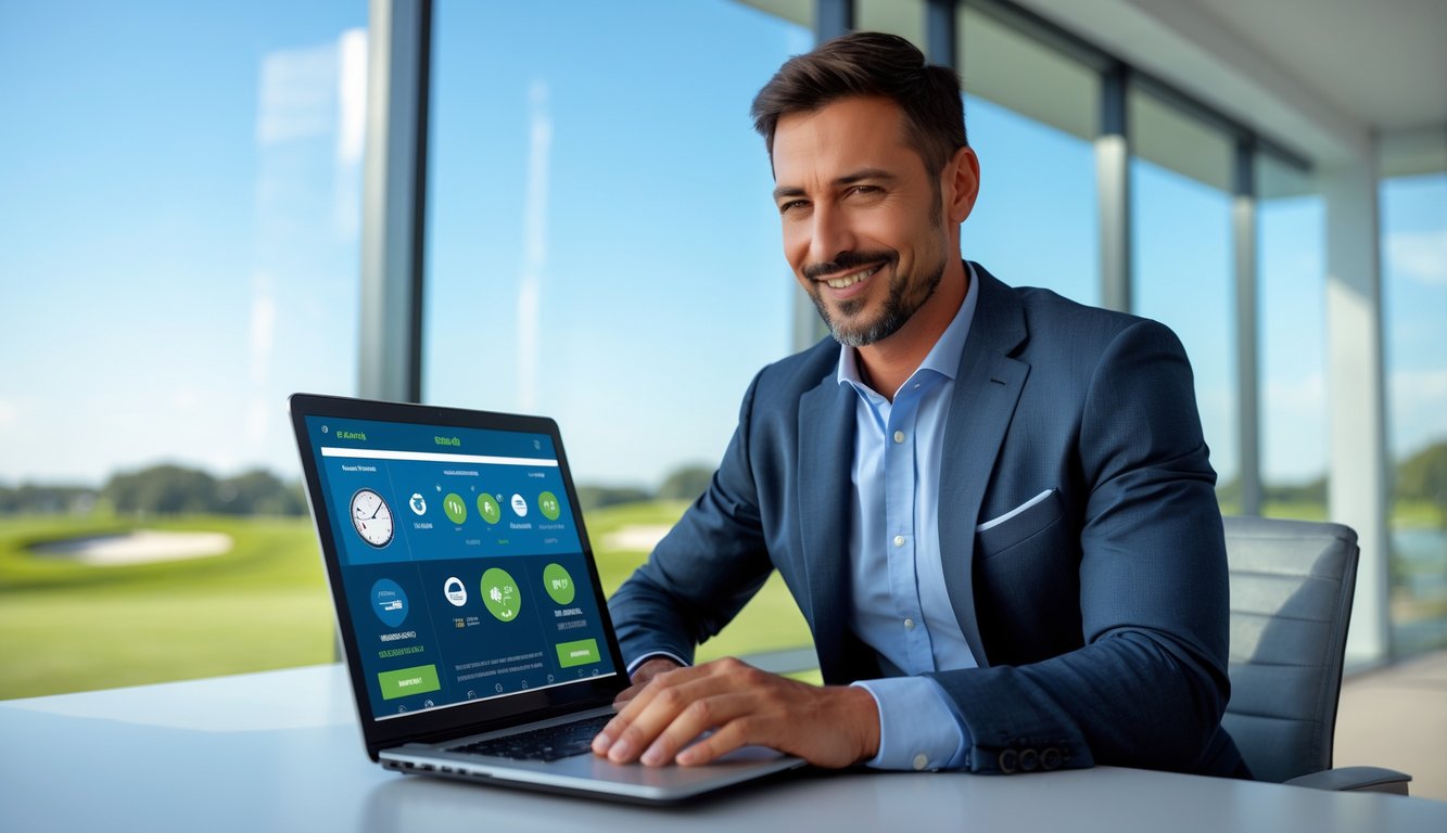 Seorang pria menggunakan laptop di kantor modern dengan pemandangan lapangan golf di latar belakang.