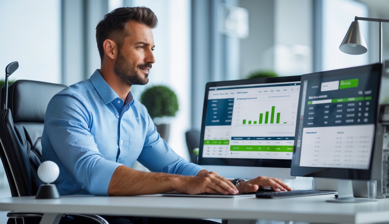Seorang pria duduk di meja dengan beberapa perangkat digital yang menampilkan data taruhan golf online, di kantor modern dengan dekorasi golf.