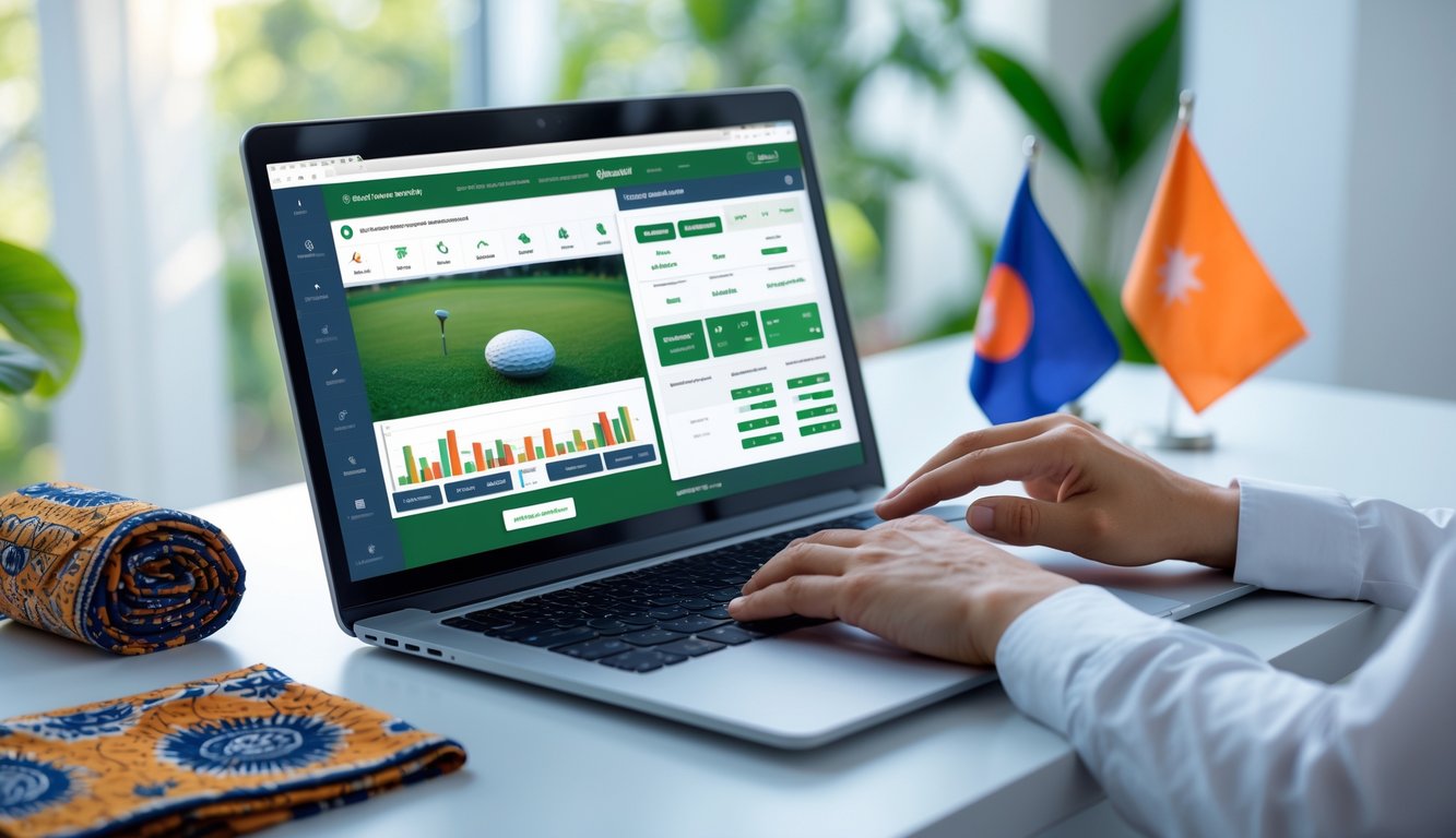 Seseorang menggunakan komputer dengan tampilan situs taruhan golf online yang aman di meja kerja dengan elemen budaya Indonesia di latar belakang.