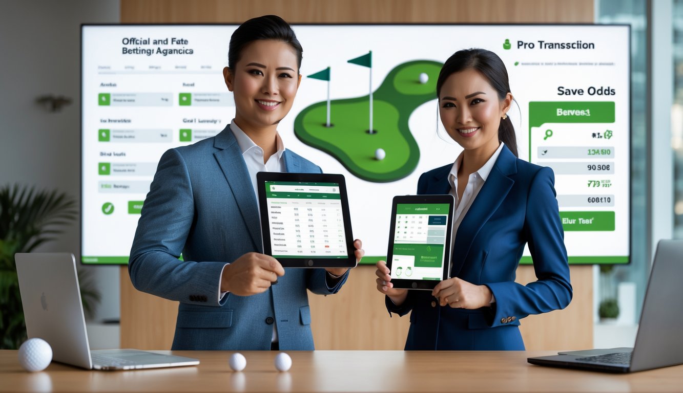 Dua profesional bisnis berdiri di kantor modern dengan tablet, menampilkan data terkait taruhan golf online yang resmi dan aman.