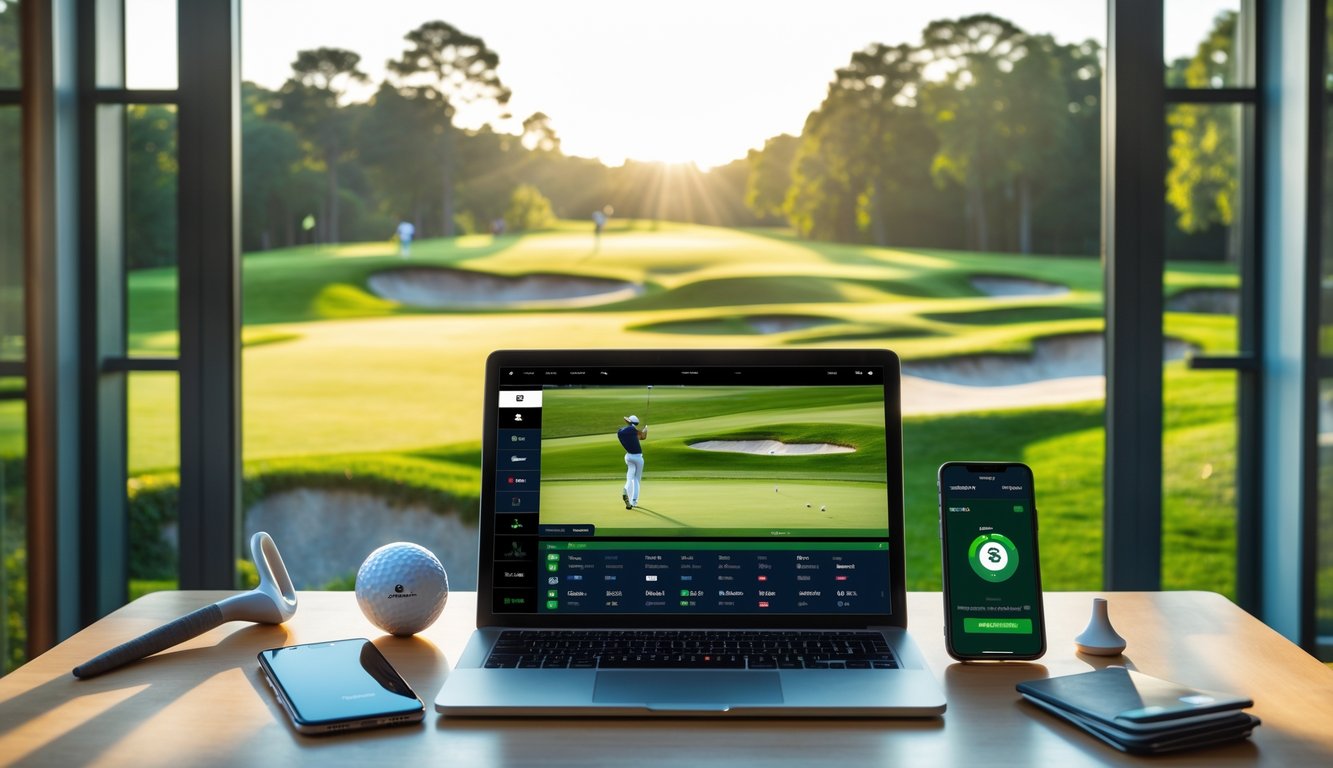 Meja kantor dengan laptop menampilkan siaran golf, ponsel dengan aplikasi taruhan, dan aksesori golf dengan latar lapangan golf hijau yang cerah.