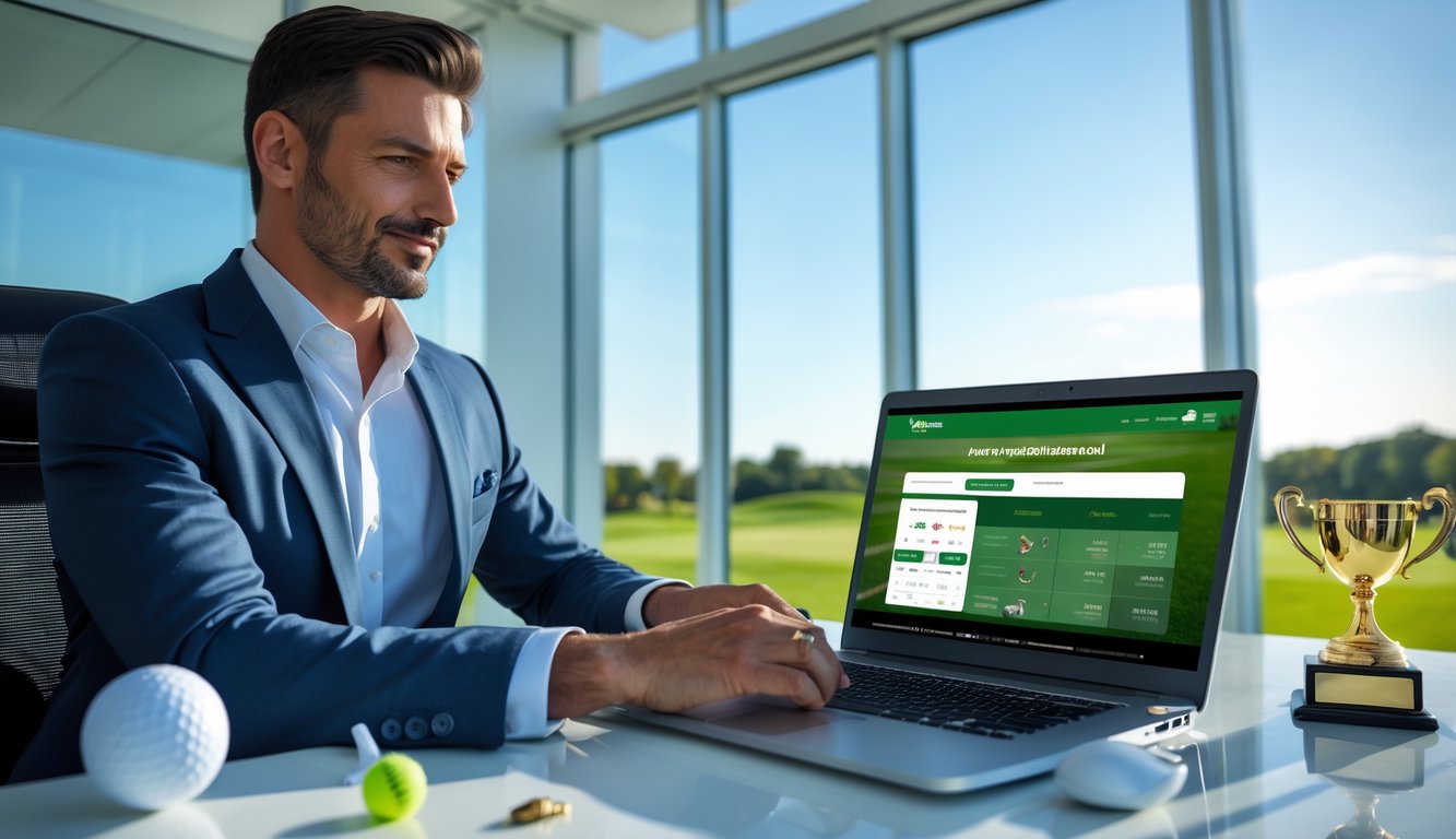 Seorang pria profesional duduk di meja dengan laptop yang menampilkan situs taruhan golf online, di latar belakang terlihat lapangan golf.