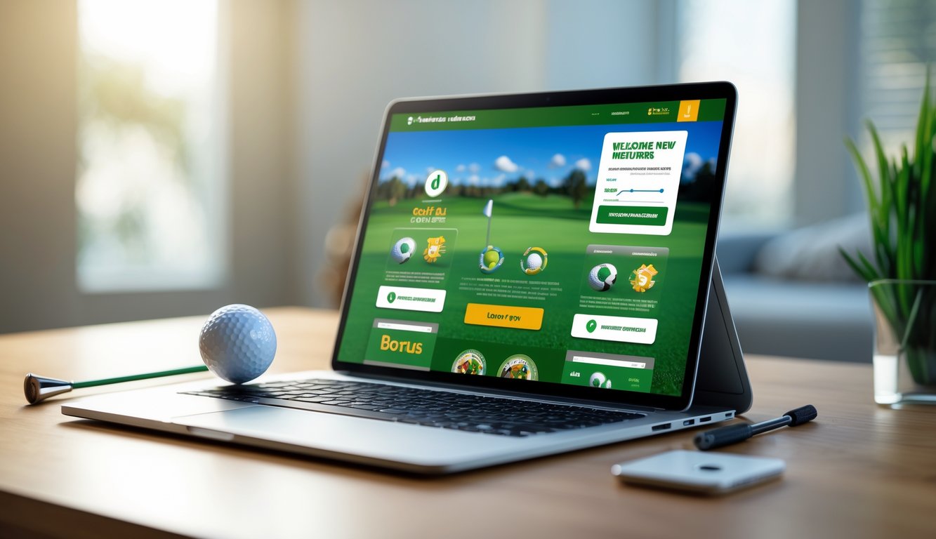 Seorang pengguna melihat layar perangkat dengan gambar terkait taruhan golf online, dikelilingi oleh bola golf dan tongkat golf di atas meja kayu.