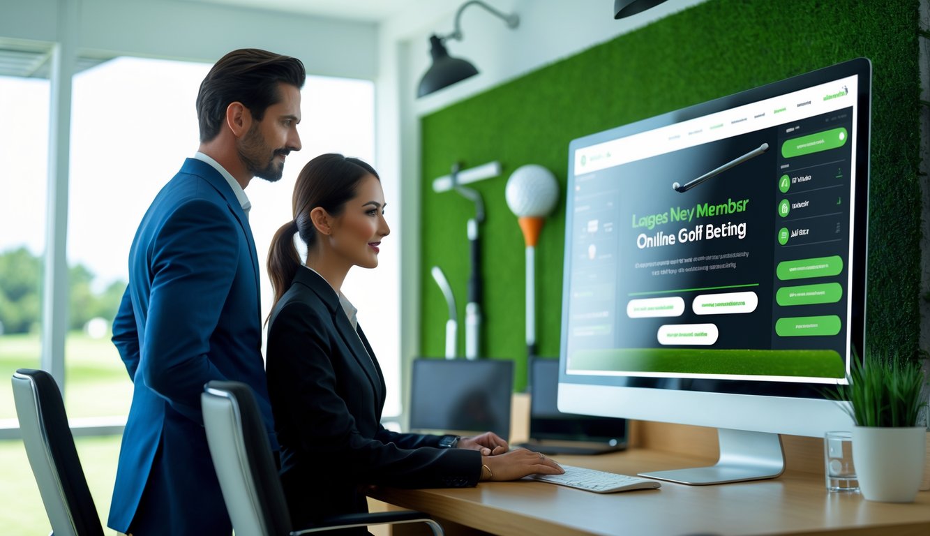 Seorang pria dan wanita berpakaian rapi sedang melihat layar komputer di kantor dengan elemen golf di latar belakang.