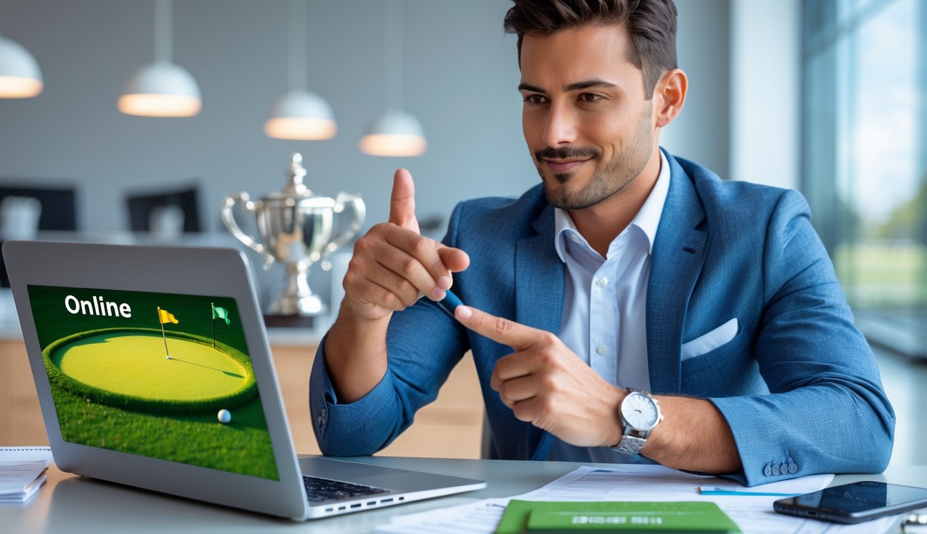 Seorang pria duduk di meja dengan laptop, sedang menganalisis pilihan taruhan golf online di kantor yang terang.