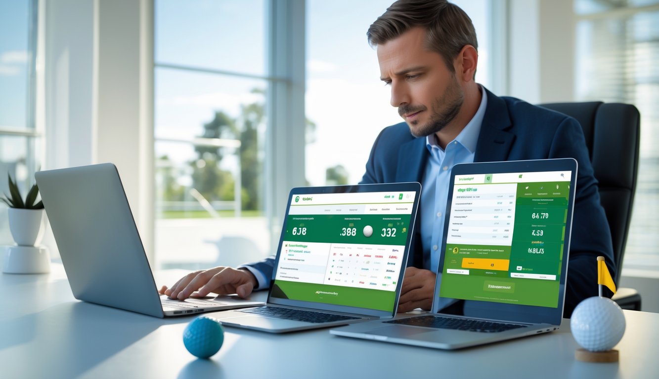 Seorang pria duduk di meja dengan laptop dan ponsel yang menampilkan data taruhan golf online, di ruang kantor yang terang dan rapi dengan perlengkapan golf di meja.