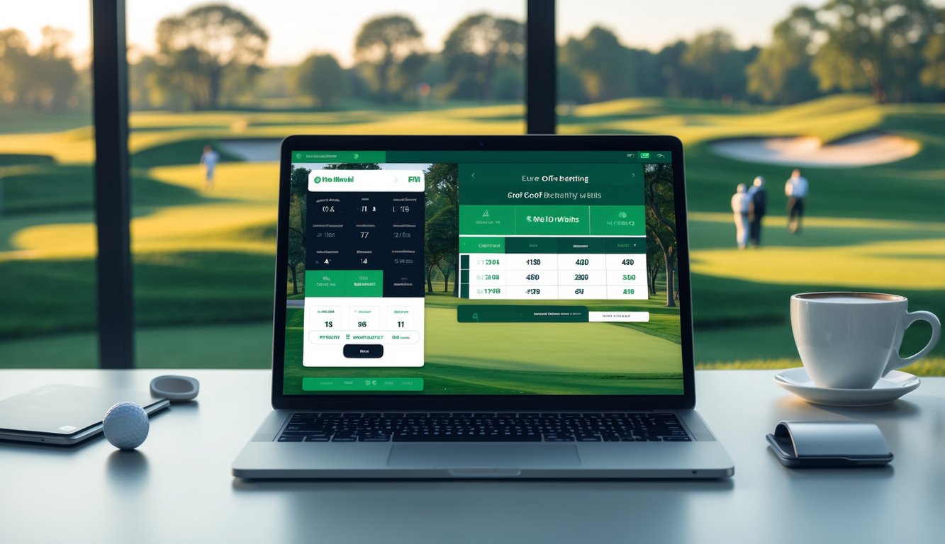 Seorang pengguna melihat layar perangkat dengan tampilan taruhan golf langsung, latar belakang lapangan golf dengan pemain sedang bermain.