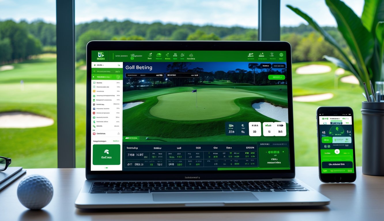 Seorang profesional bekerja dengan laptop dan ponsel yang menampilkan taruhan langsung golf, dengan lapangan golf terlihat di latar belakang.
